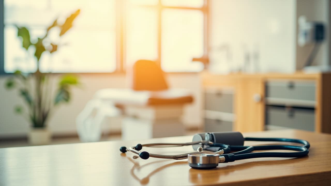 A stethoscope and blood pressure cuff laid neatly on a wooden consultation desk, with a softly blurred exam chair and cabinetry lit by warm window light in the background.