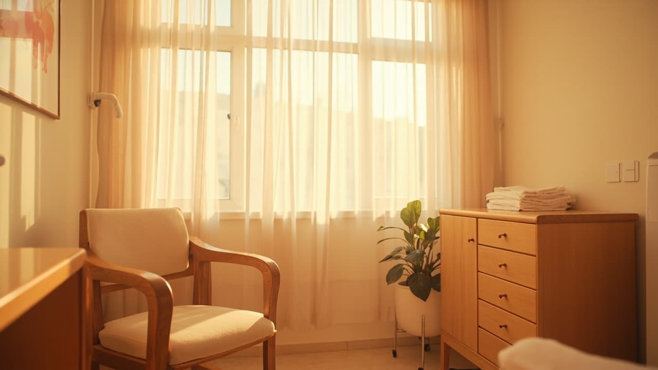 A calm, sunlit gynaecology consultation room with a wooden armchair, sheer curtains, a potted plant, and neatly folded white towels on a wooden dresser