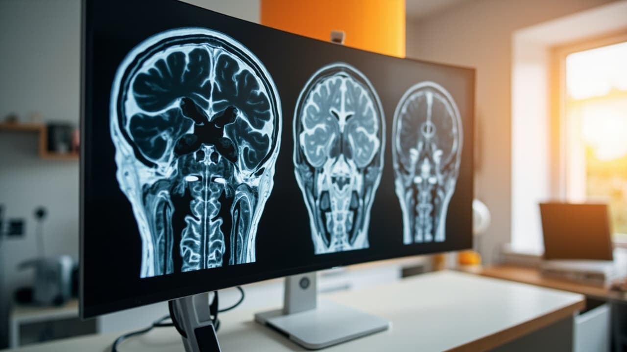 A large modern monitor displaying detailed grayscale brain MRI scans in a bright, sunlit clinical office, showing three cross-sectional views of brain anatomy.