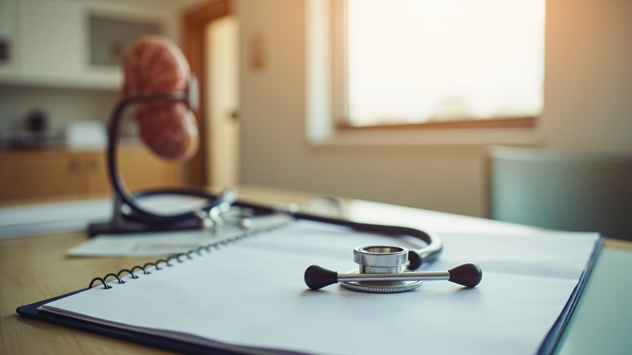 A stethoscope resting on an open notebook on a warm wooden consultation desk, with a softly blurred anatomical kidney model and a sunlit window in the background.